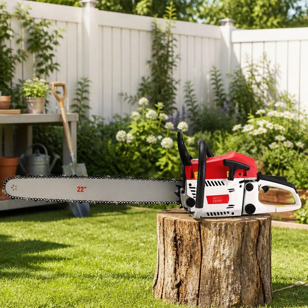 Petrol Chainsaw 62CC 22 Inch Bar Red White Commercial Grade E-Start Pruning Cutting Tool