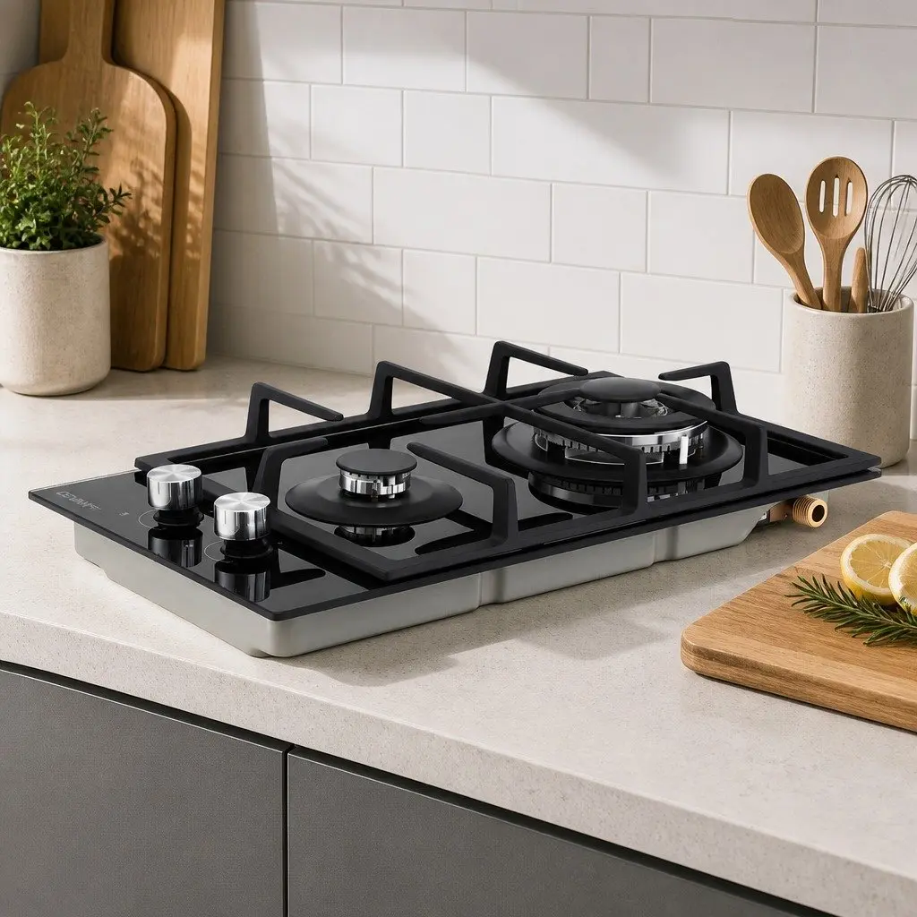 Gas Cooktop 30cm 2 Burner Built-in Stove Glass Cook Top NG LPG Wok Burner