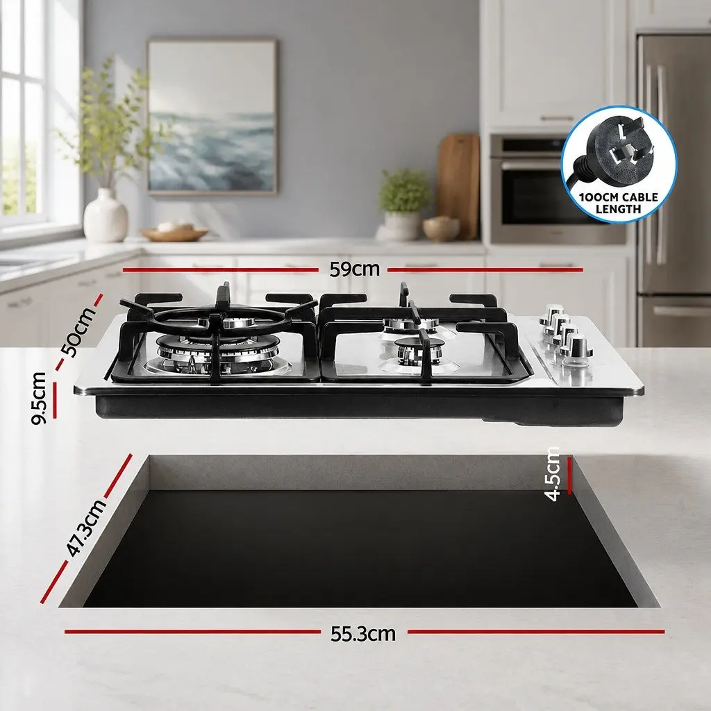 60cm Gas Cooktop 4 Burner Built-in Hob Stainless Steel Stove Knob Silver