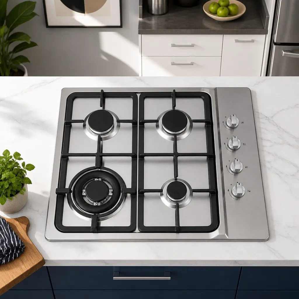 60cm Gas Cooktop 4 Burner Built-in Hob Stainless Steel Stove Knob Silver