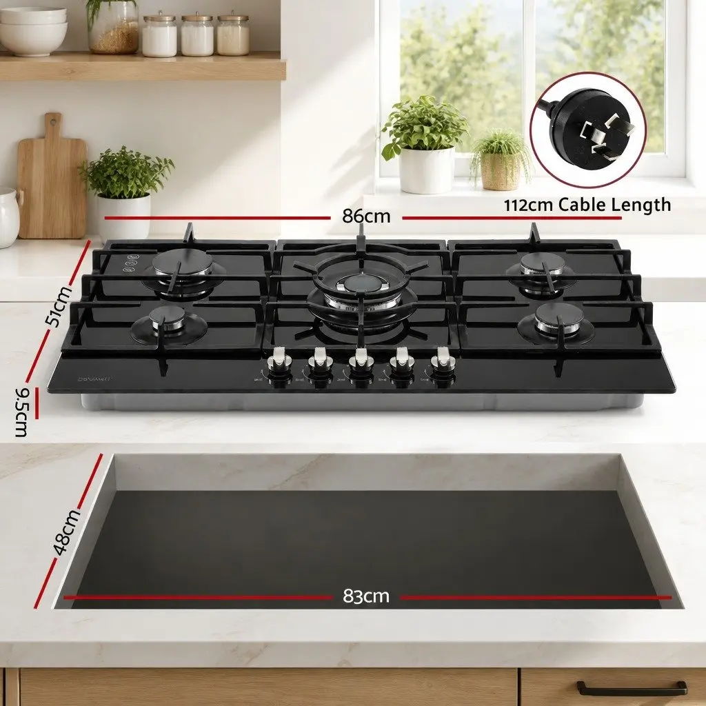 Gas Cooktop 90cm 5 Burner Built-In LPG NG Black Tempered Glass Hob