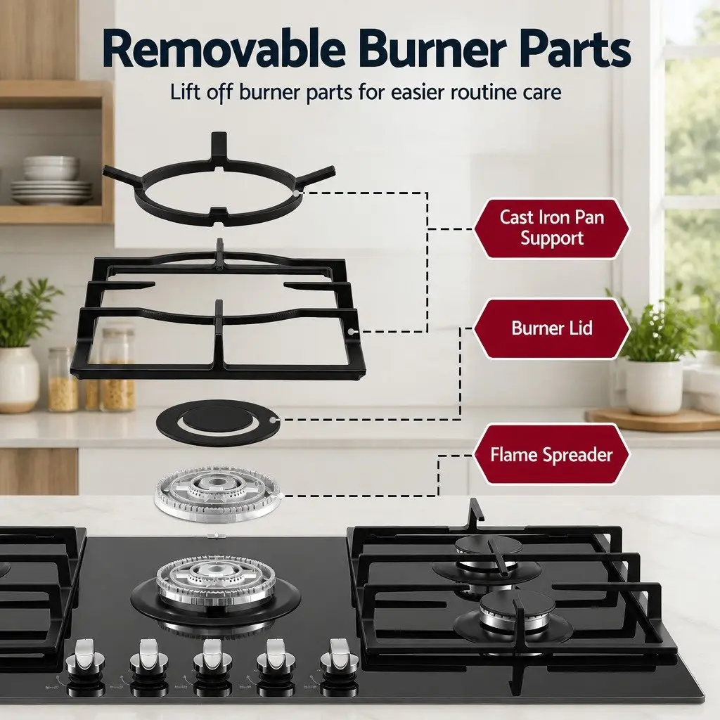 Gas Cooktop 90cm 5 Burner Built-In LPG NG Black Tempered Glass Hob