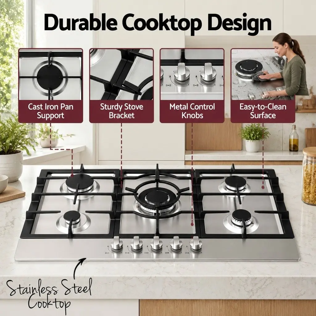 Gas Cooktop 90cm 5 Burner Built-in Hob LPG Natural Gas Stainless Steel Silver