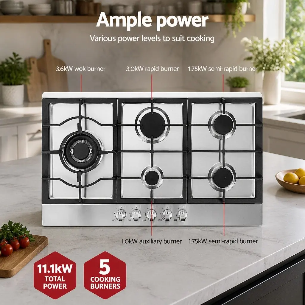 90cm Gas Cooktop 5 Burner Stainless Steel Silver Kitchen Stove LPG Natural Gas