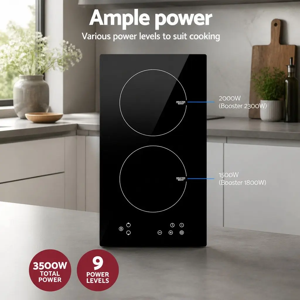 Induction Cooktop 30cm Black Glass 2 Cooking Zones Electric Stove Touch Control