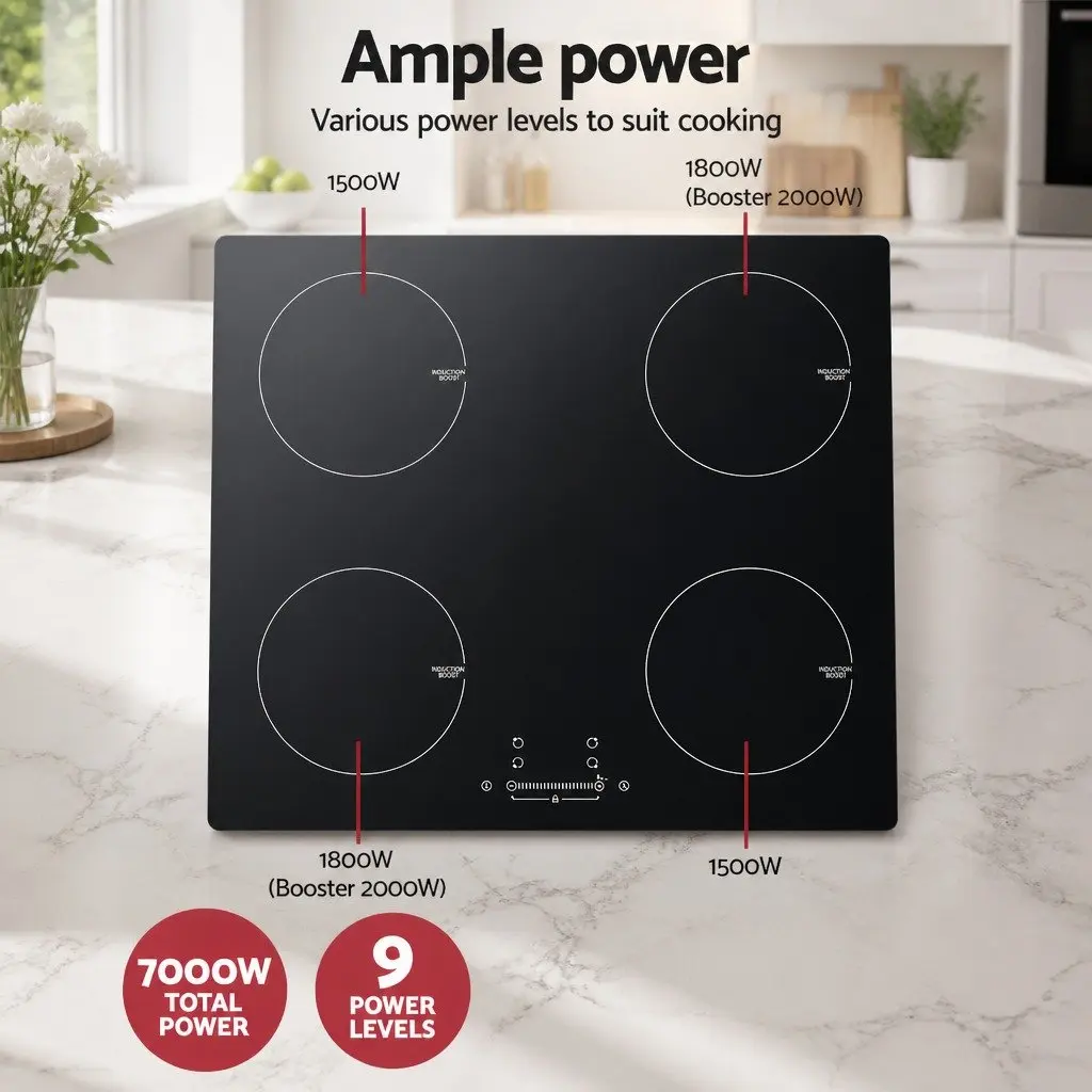 Induction Cooktop Black 60cm Ceramic Glass 4 Cooking Zones Touch Control