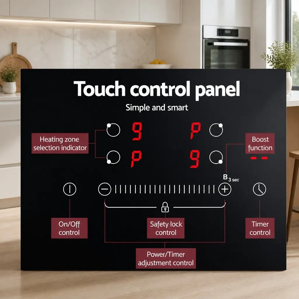 Induction Cooktop Black 60cm Ceramic Glass 4 Cooking Zones Touch Control