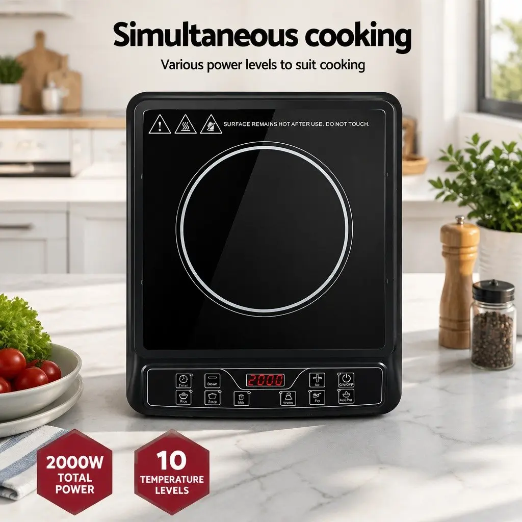 Induction Cooktop Single Burner Black Ceramic Glass 30cm Portable Electric Cooker 2000W