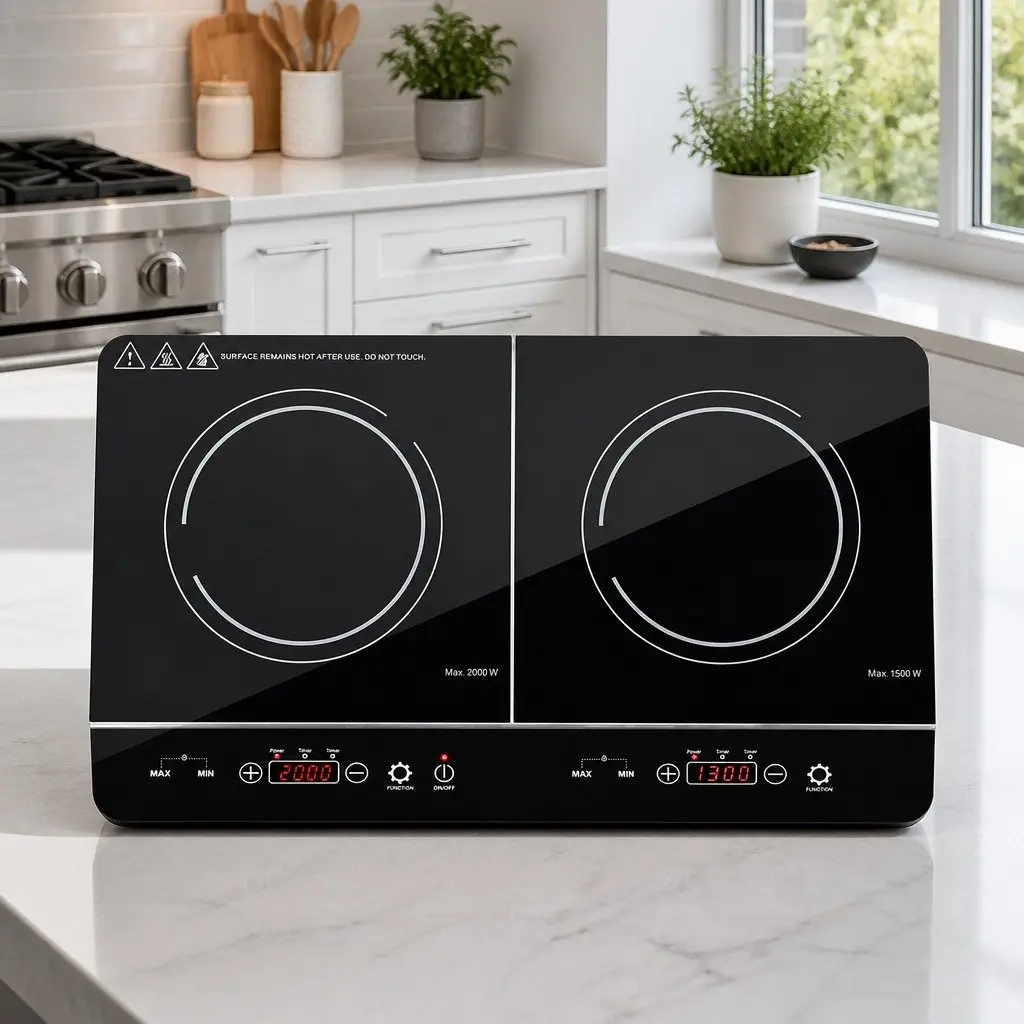 Portable Induction Cooktop Black Ceramic Glass 60cm 2 Cooking Zones Touch Control