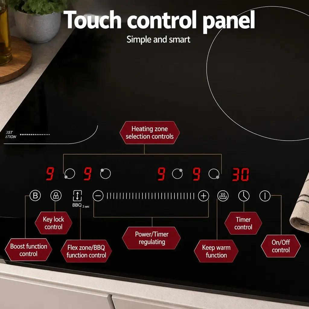 Induction Cooktop 60cm Ceramic Glass 4 Zone Electric Cooker Black Touch Control