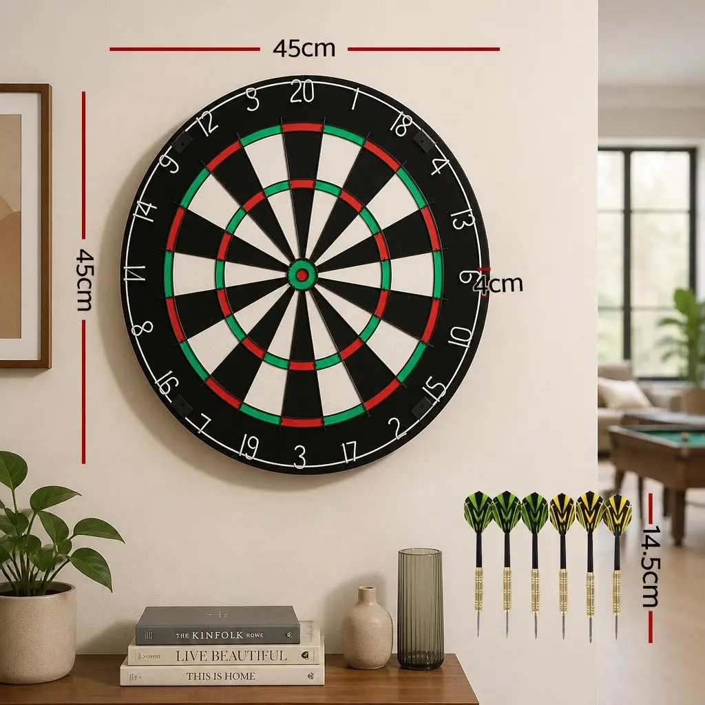 Dartboard 18 Inch Sisal Fiber Black with Rotating Score Ring and 6 Steel Darts