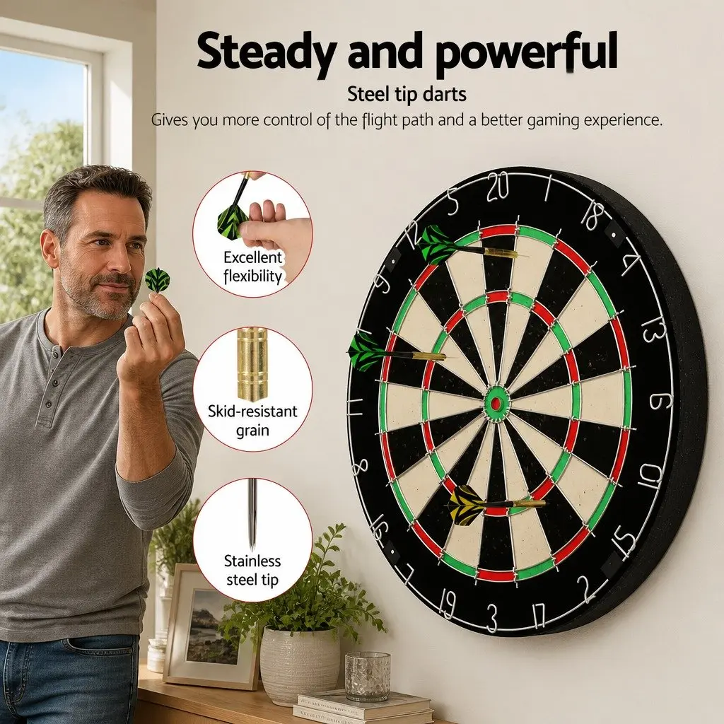 Dartboard 18 Inch Sisal Fiber Black with Rotating Score Ring and 6 Steel Darts