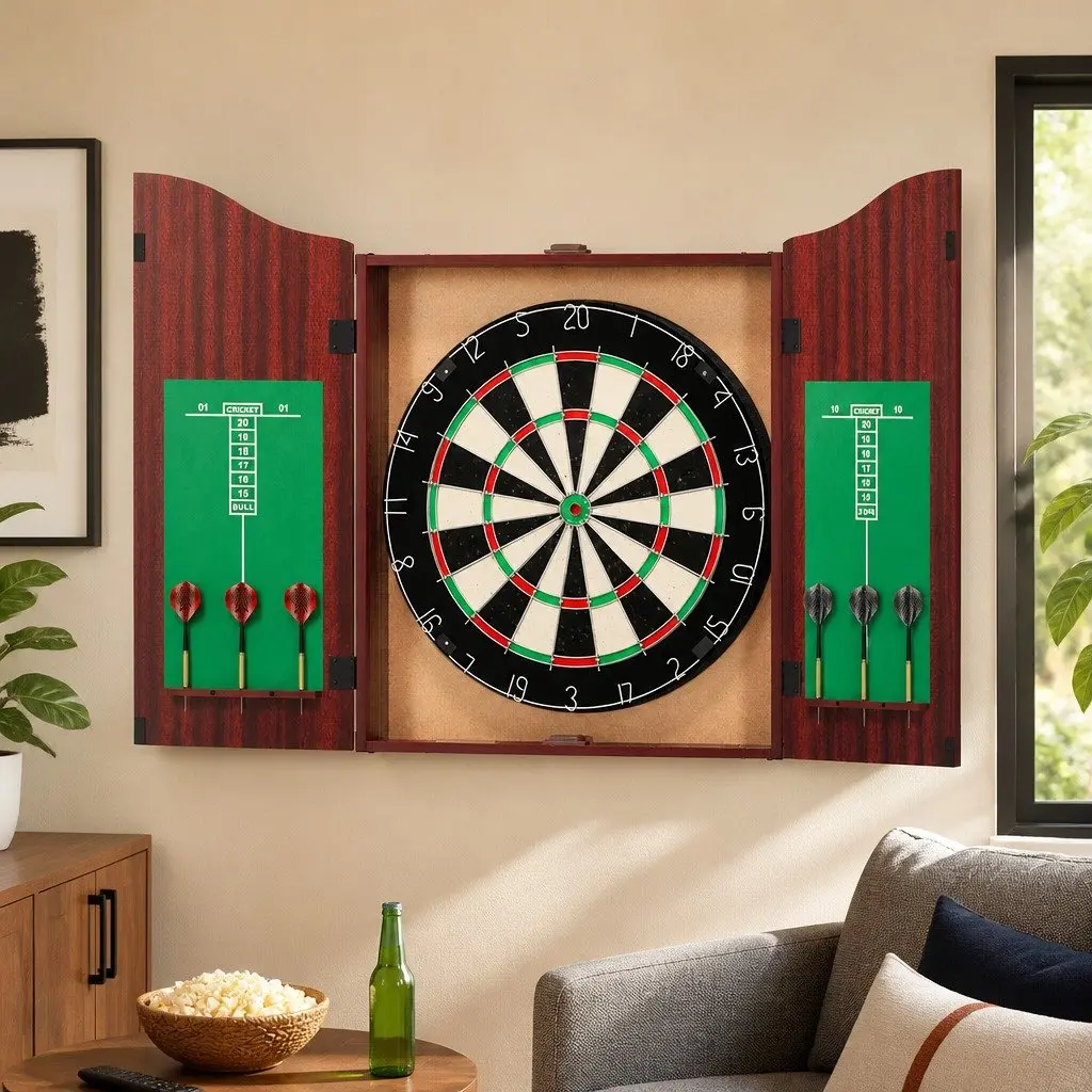Dartboard Cabinet Wooden 18 Inch Brown with 6 Steel Darts Wall Mount Party Game