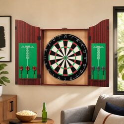 18 Inch Dartboard Cabinet with 6 Steel Darts Wooden Wall Mount Party Game