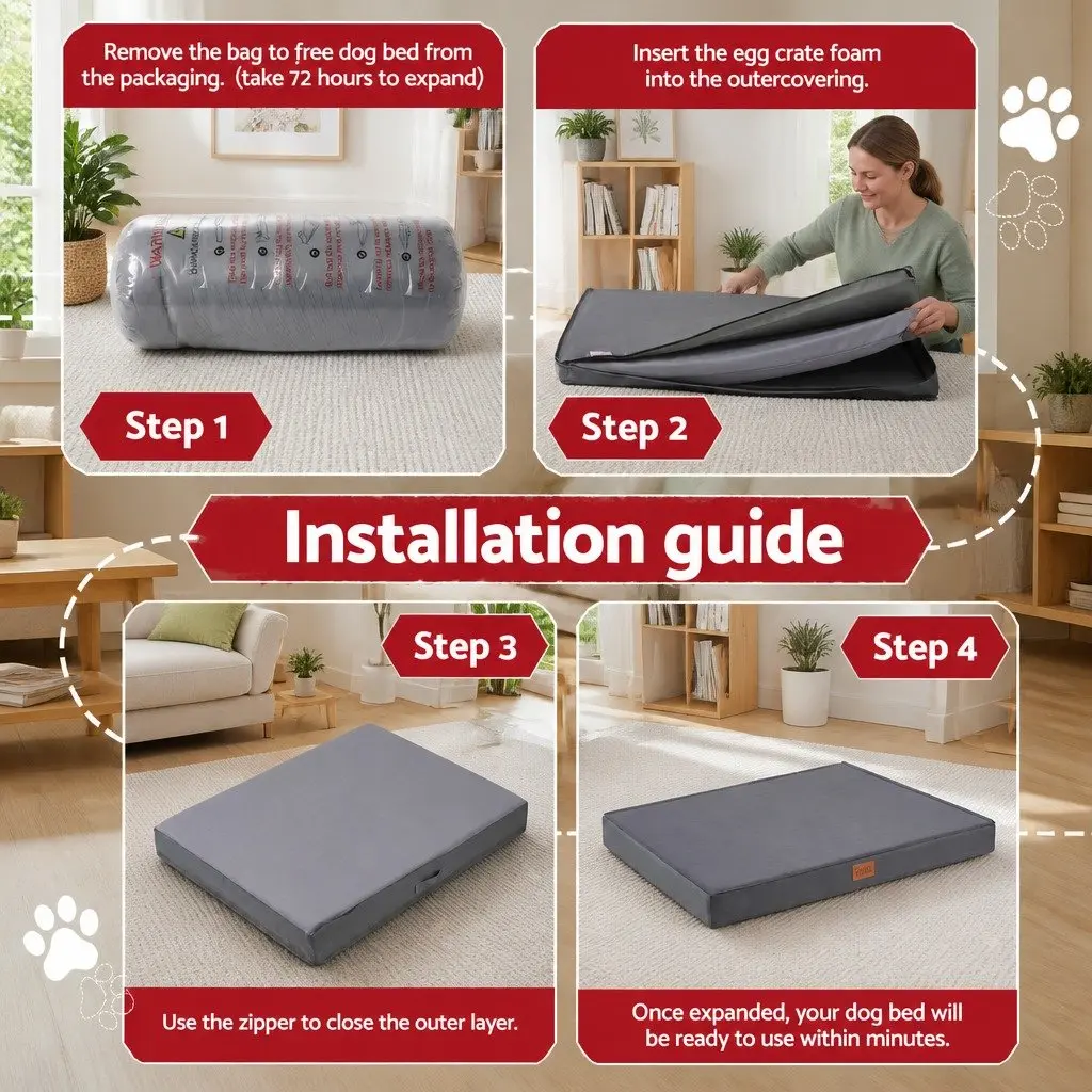 Large Dog Bed Water-resistant Grey Egg Crate Foam Orthopedic Support 91x68cm