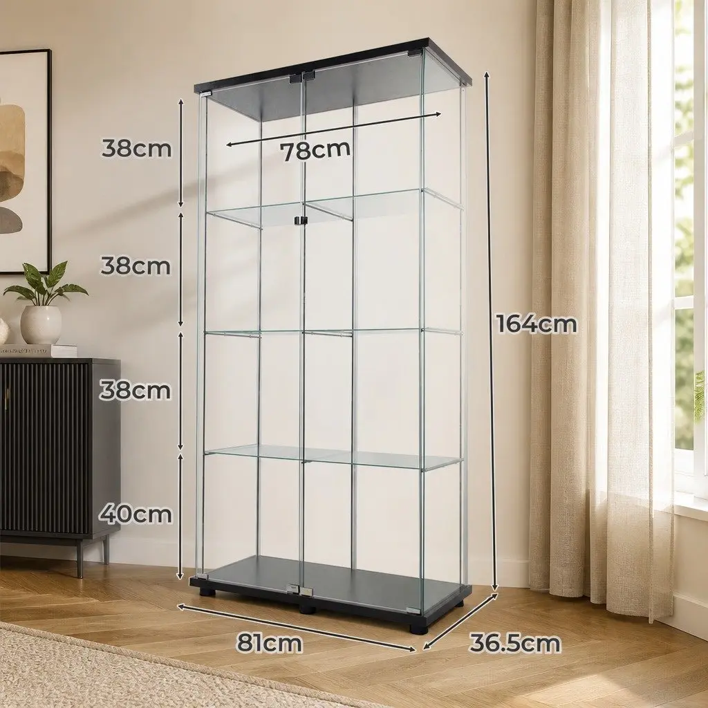 Tempered Glass 4-Tier Display Cabinet 164cm Tall Black with Magnetic Doors and MDF Base for Living Room and Bedroom