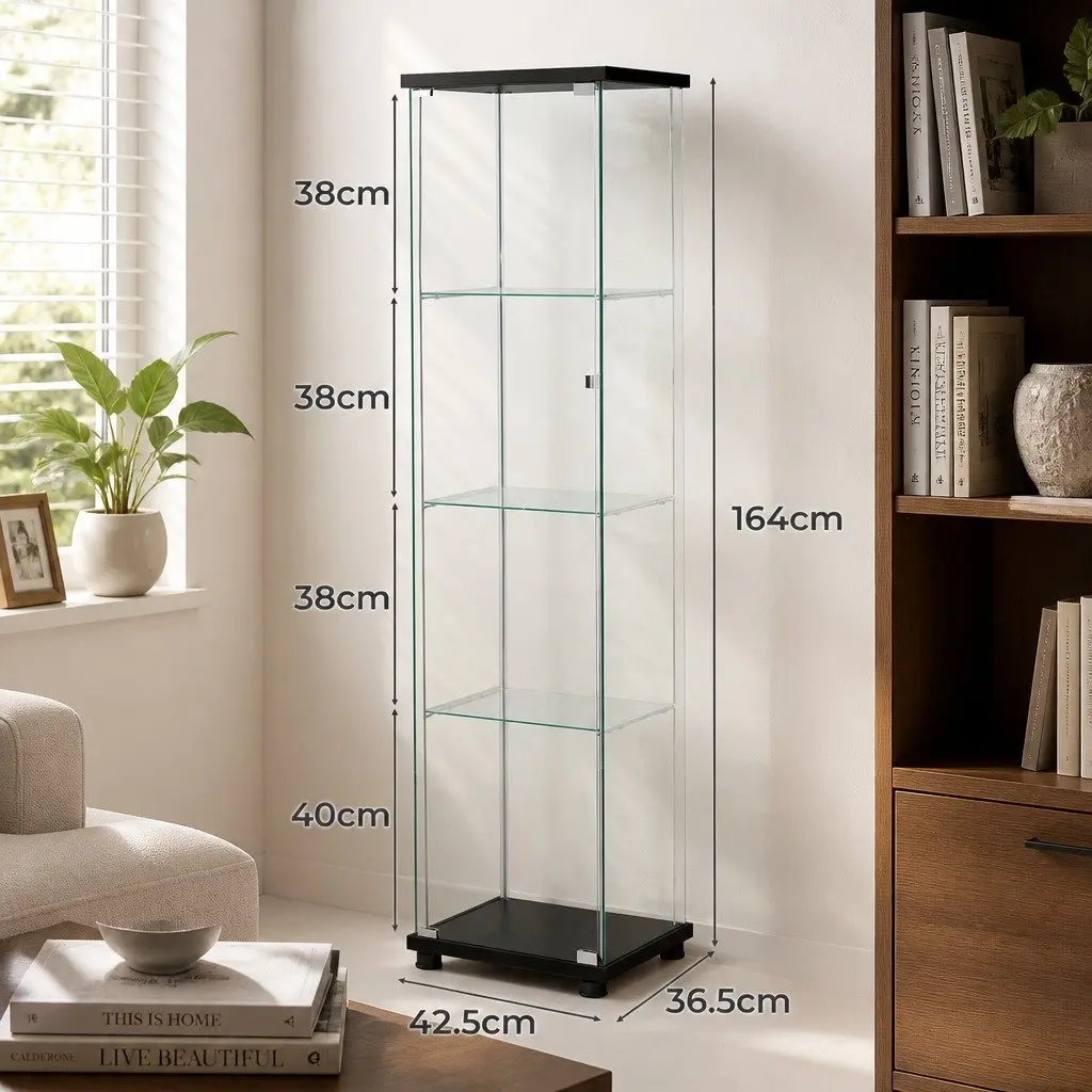 Glass Display Cabinet Black 4-Tier Lockable Storage Unit with Wheels Showcase