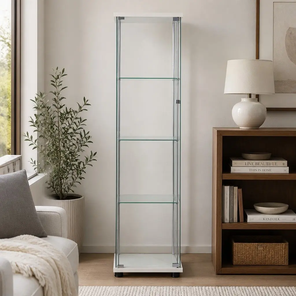 White 4 Tier Storage Cabinet Tempered Glass Display Unit for Living Room Office