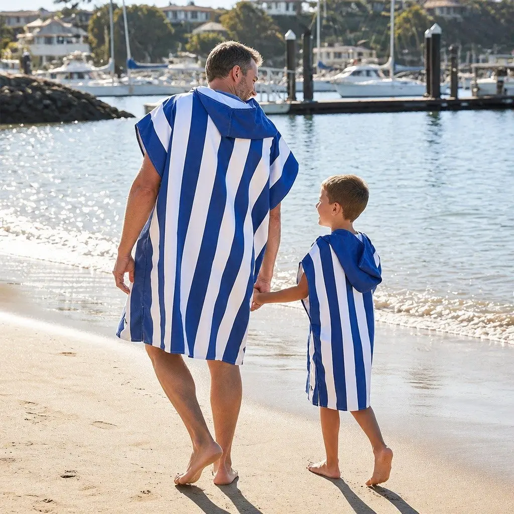 Hooded Poncho Towel Quick Dry Lightweight Compact Travel Beach Swim Cover Whitsunday Blue Large Medium Small