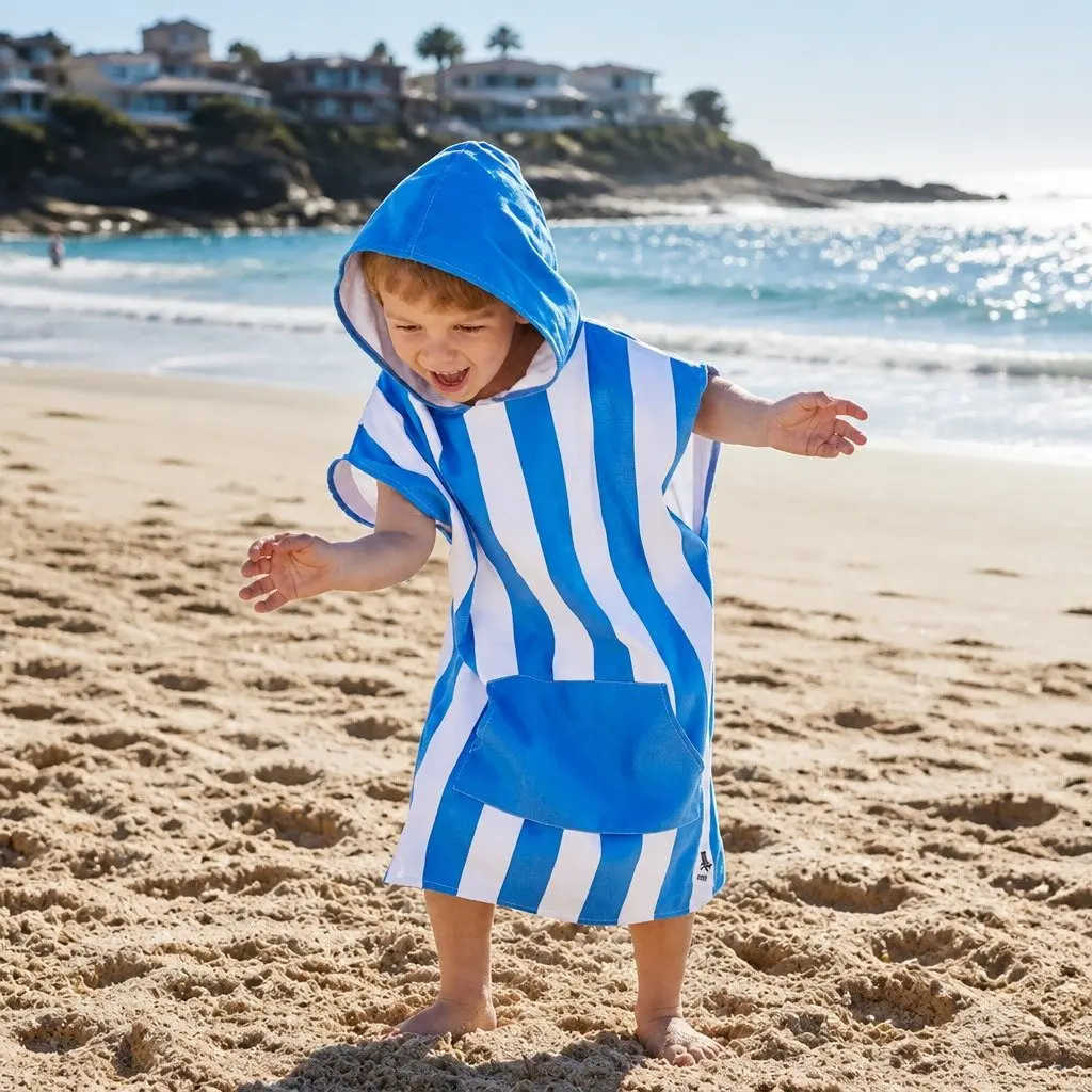 Hooded Poncho Towel Quick Dry Small Bondi Blue for Kids 4-7 Years with Pouch