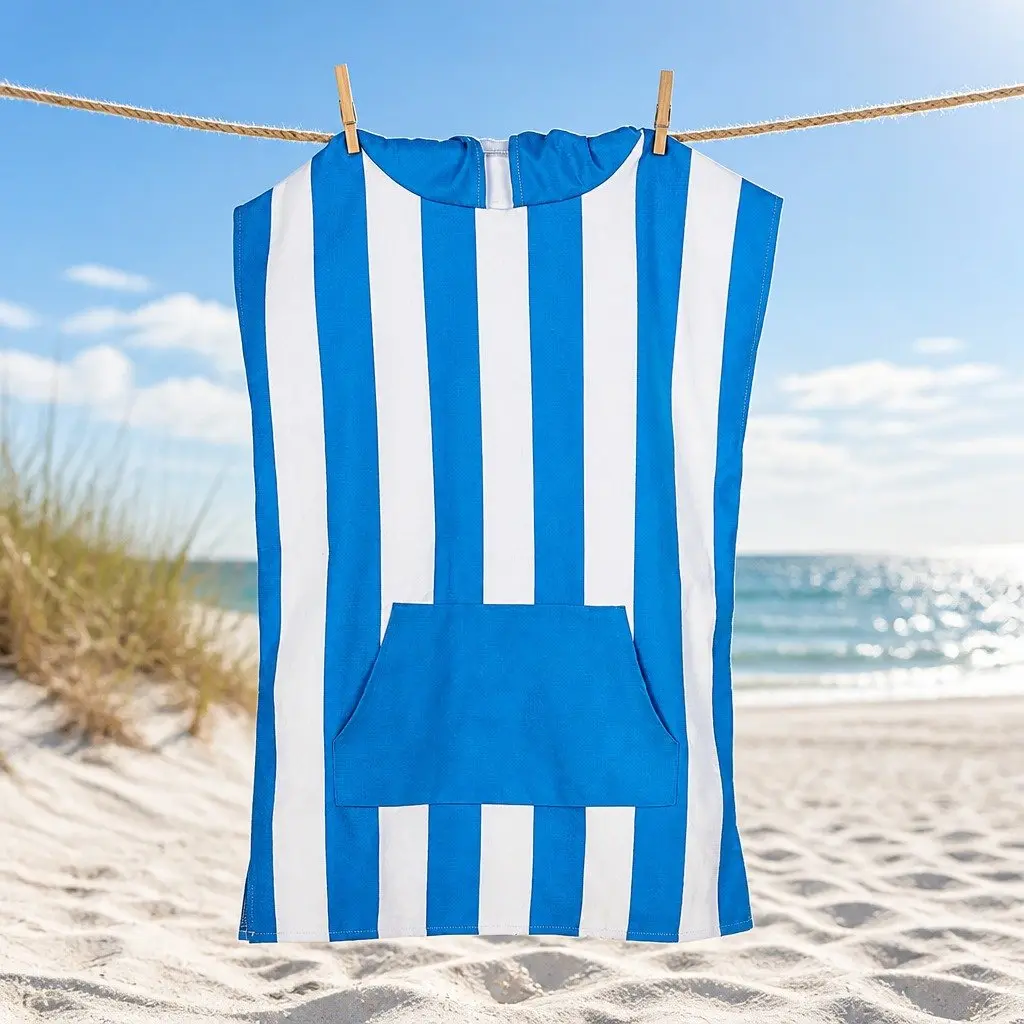 Hooded Poncho Towel Quick Dry Small Bondi Blue for Kids 4-7 Years with Pouch