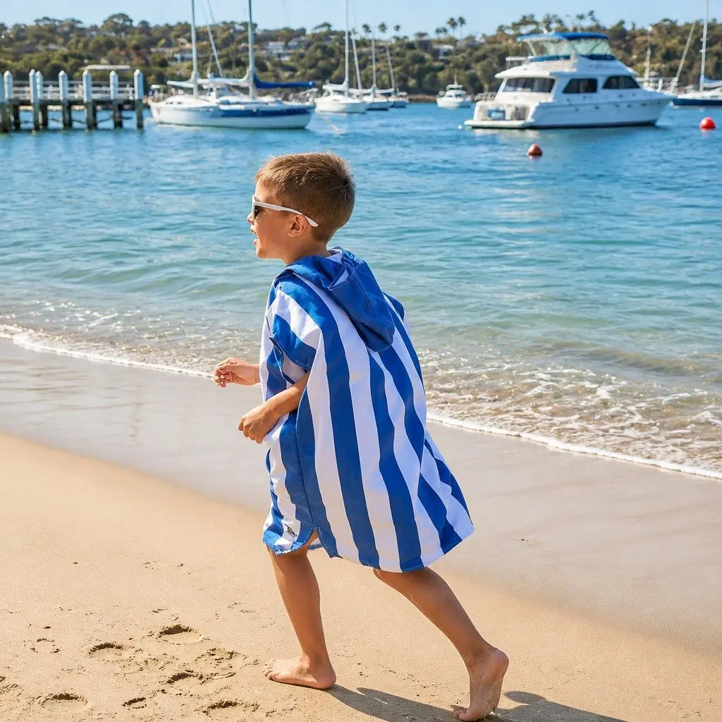 Kids Poncho Towel Quick Dry Swim Changing Robe M Polyester Whitsunday Blue 75x55cm
