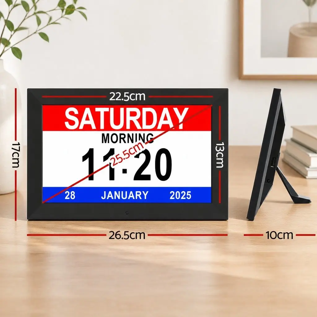 Digital Day Clock LCD 10 Inch Large Display Alarm Calendar Black