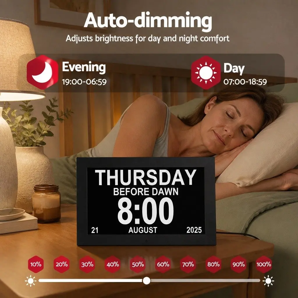 Digital Day Clock LCD 10 Inch Large Display Alarm Calendar Black