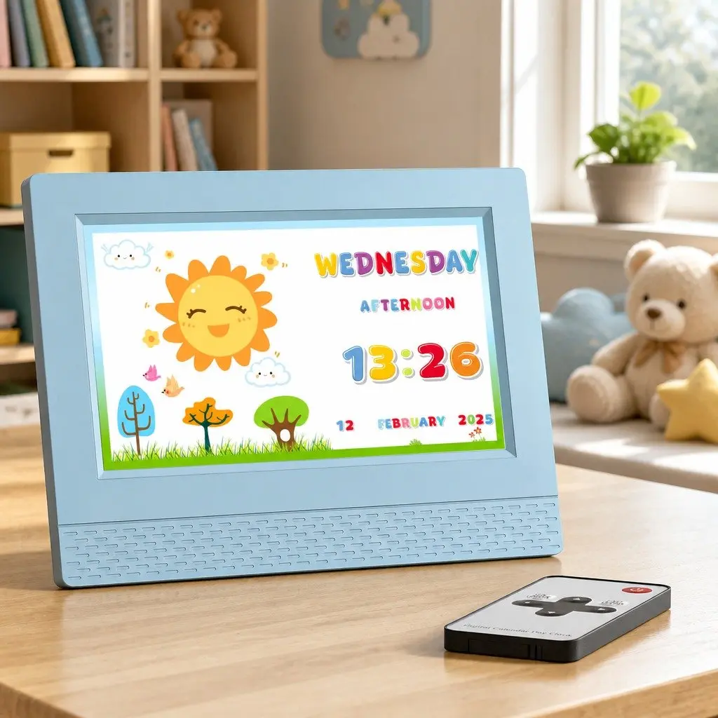 7 Inch Digital Day Clock LCD Alarm Sleep Trainer Calendar Display for Kids Blue
