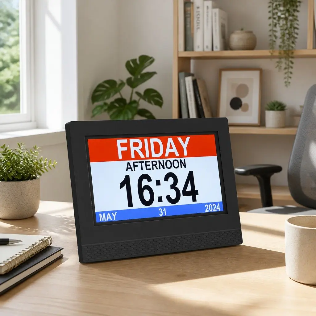 Digital Day Clock LCD Display 7 Inch Black
