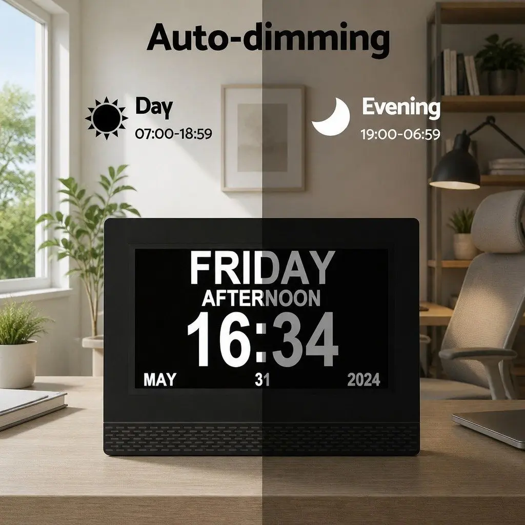 Digital Day Clock LCD Display 7 Inch Black