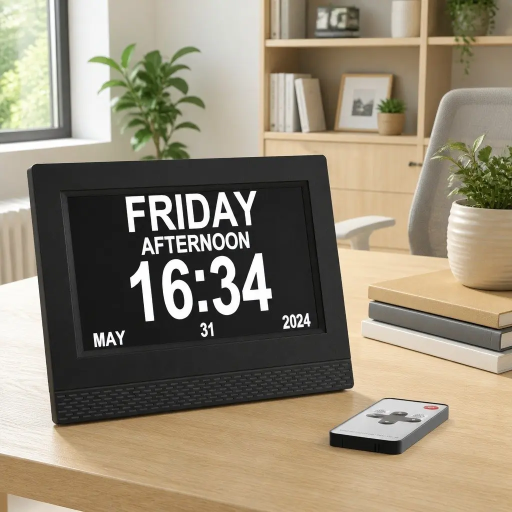 Digital Day Clock LCD Display 7 Inch Black