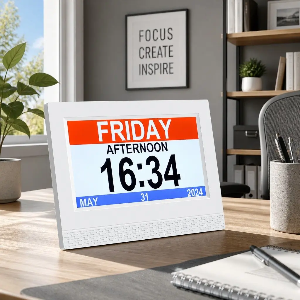 Digital Day Clock LCD Display 7 Inch White Desk Clock