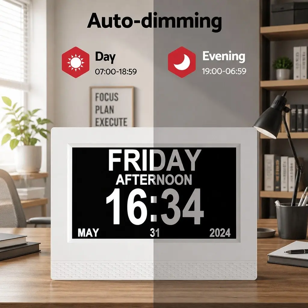 Digital Day Clock LCD Display 7 Inch White Desk Clock