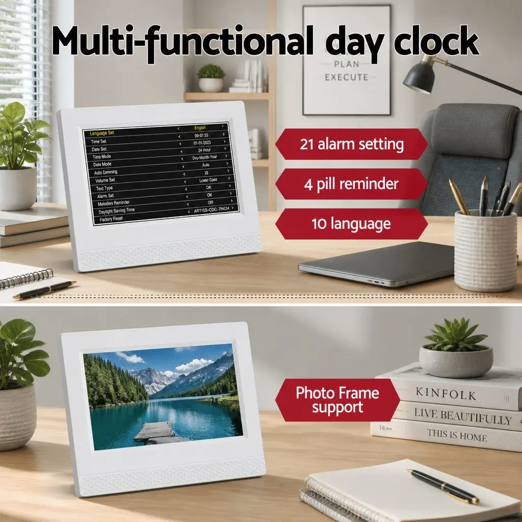 Digital Day Clock LCD Display 7 Inch White Desk Clock