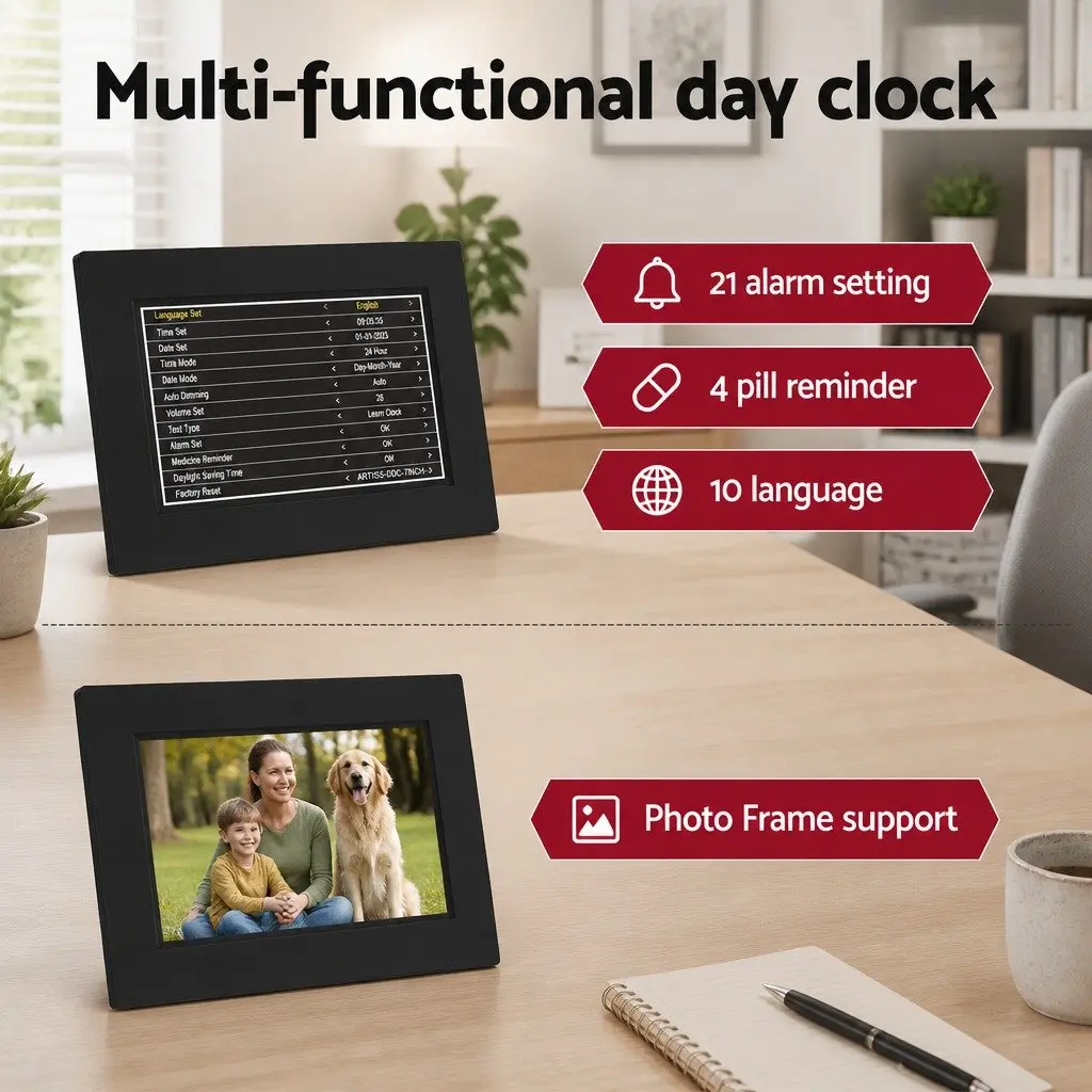 Digital Day Clock LCD Display 8 Inch Black Desk Wall Mount