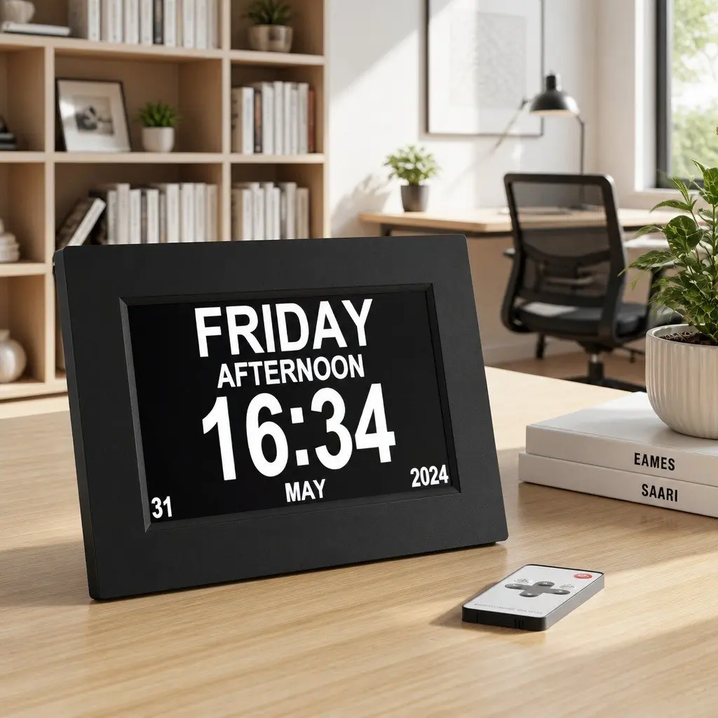 Digital Day Clock LCD Display 8 Inch Black Desk Wall Mount