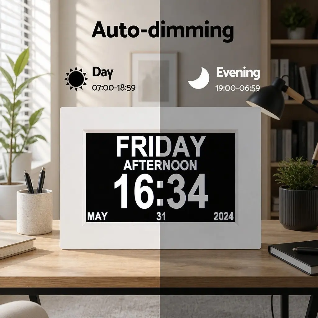 Digital Day Clock LCD 8 Inch White Desk Wall Mount Large Display