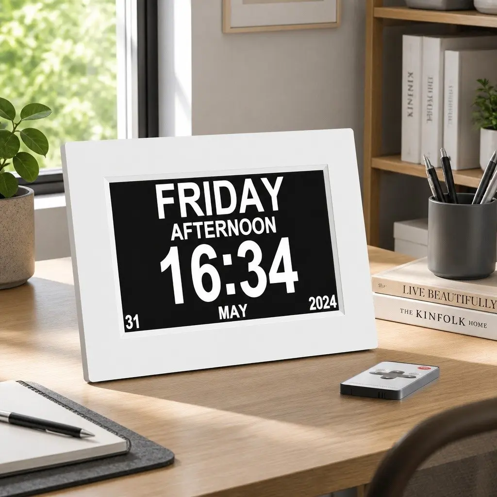 Digital Day Clock LCD 8 Inch White Desk Wall Mount Large Display