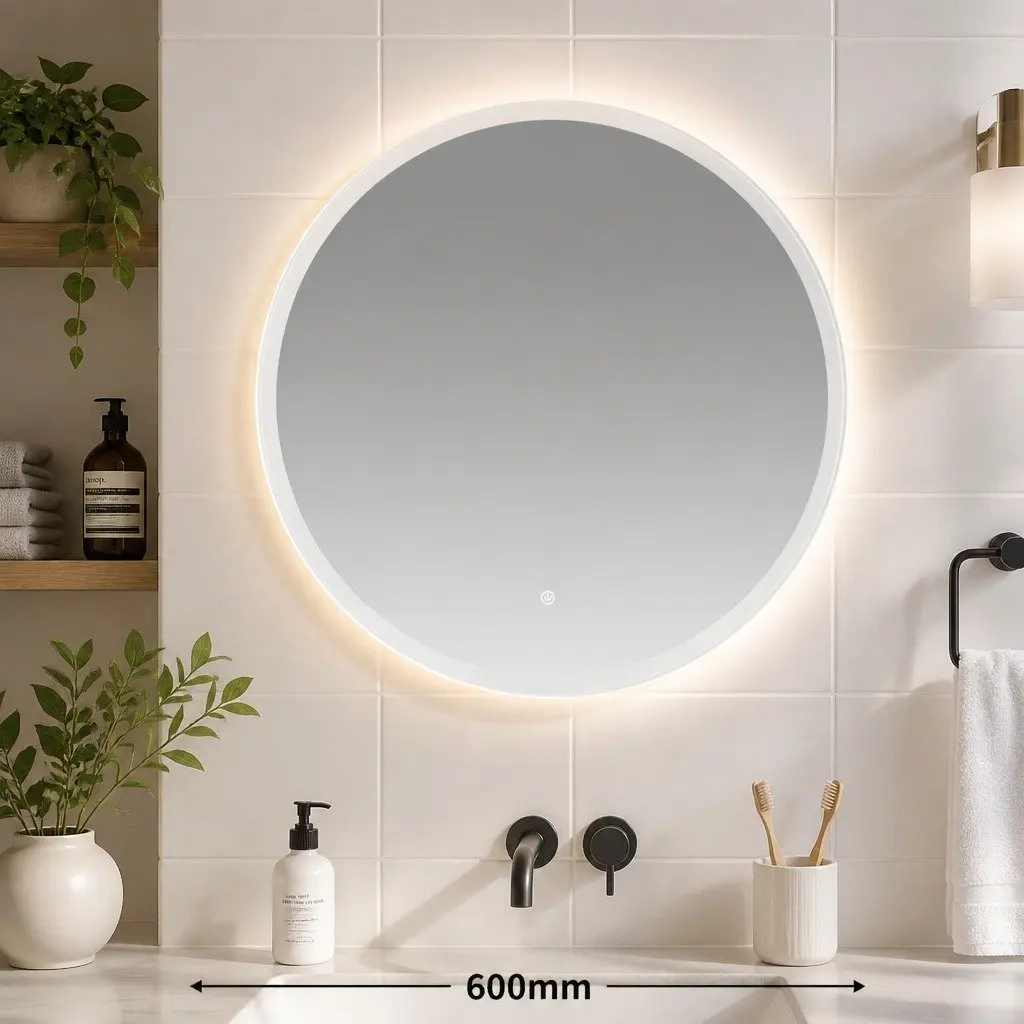 Round Bathroom Mirror LED 60cm Anti-fog Adjustable Brightness Waterproof