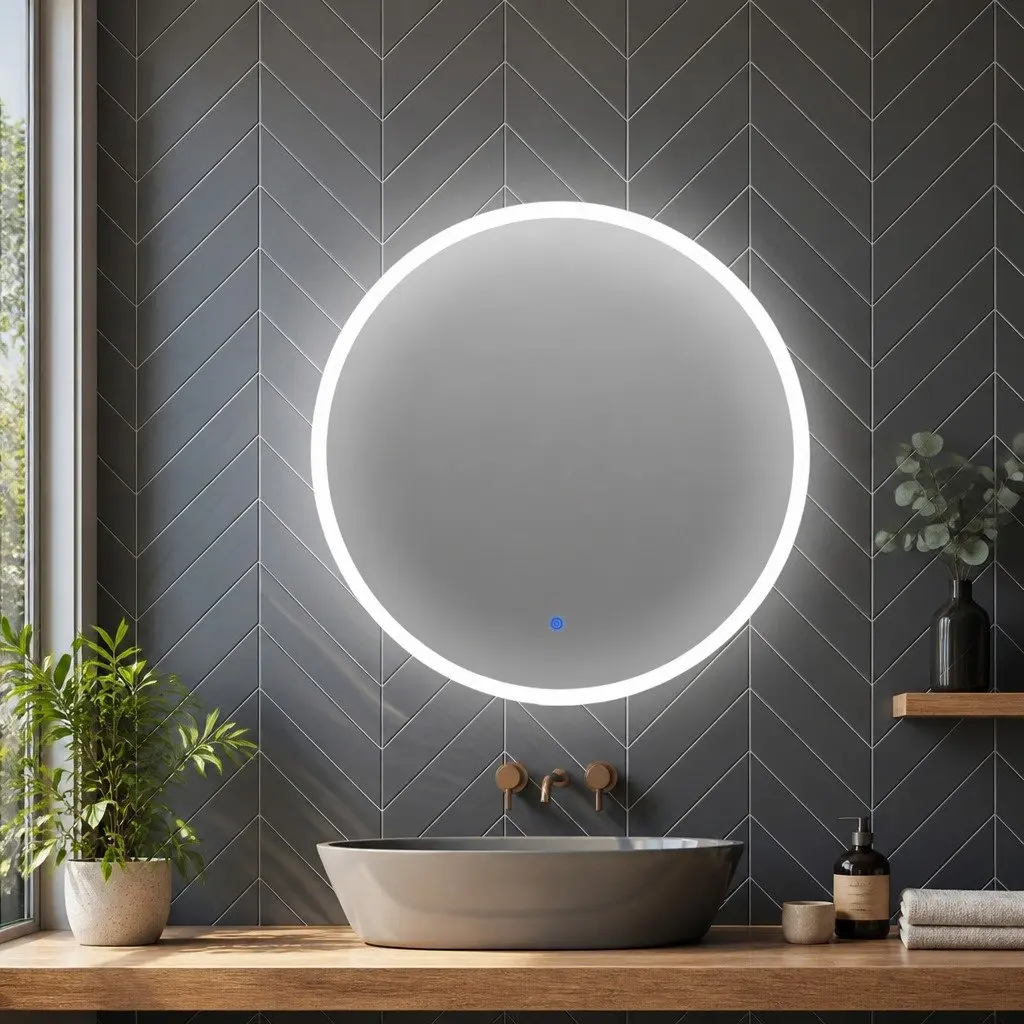 Round Bathroom Mirror LED 60cm Anti-fog Adjustable Brightness Waterproof