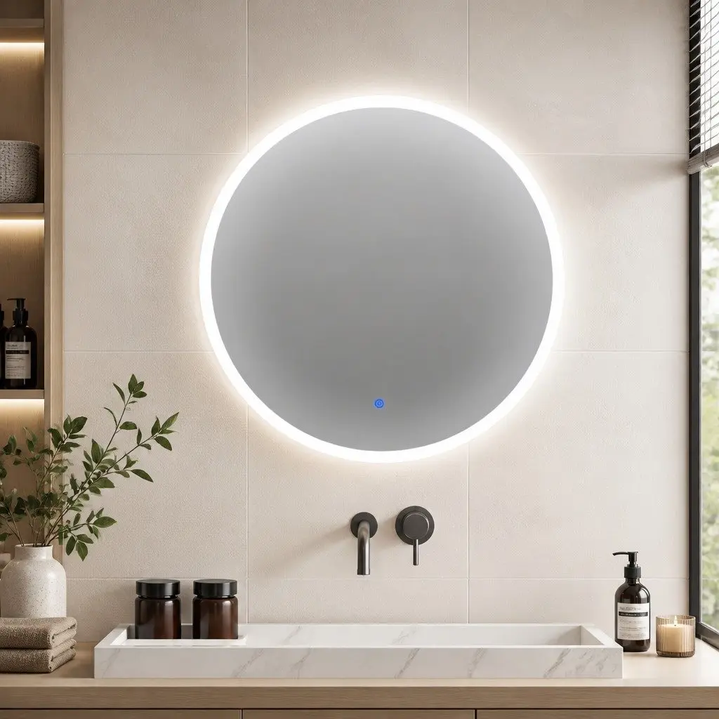 Round Bathroom Mirror LED 60cm Anti-fog Adjustable Brightness Waterproof