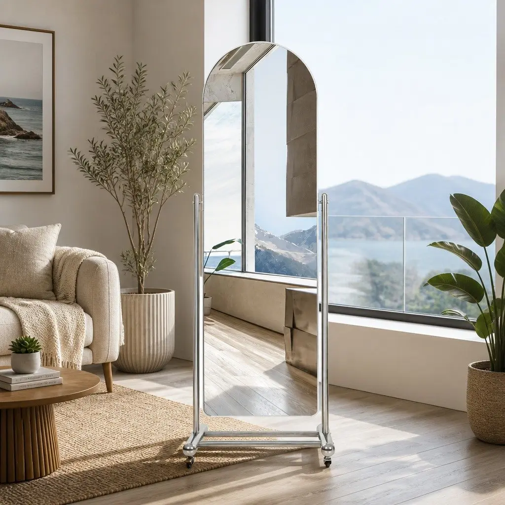 Full Length Arch Mirror Adjustable Angle 165cm Silver Aluminum Alloy Frame