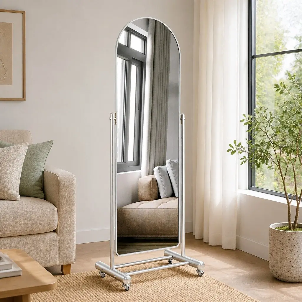 Full Length Arch Mirror Adjustable Angle 165cm Silver Aluminum Alloy Frame