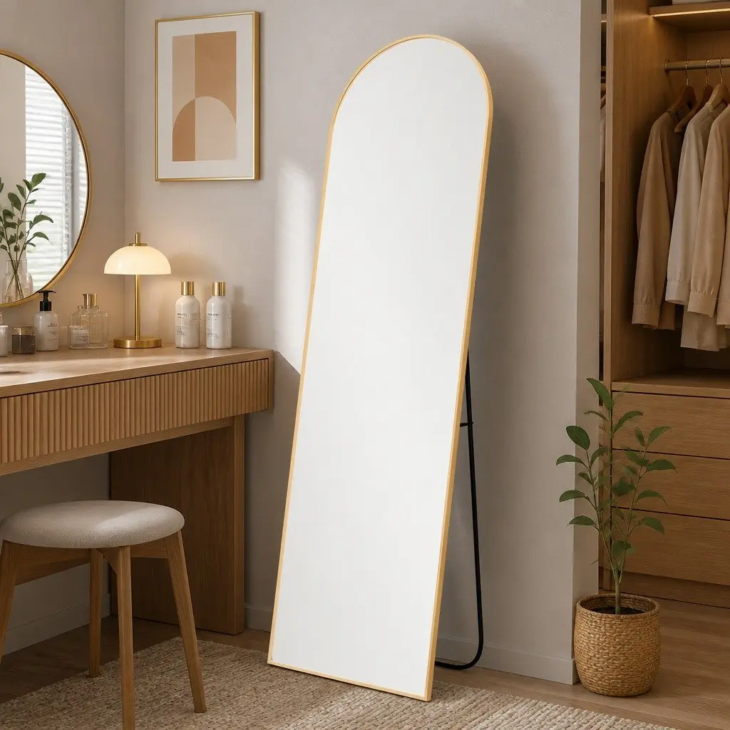 Full Length Mirror Arched Gold Frame Tempered Glass 165cm x 60cm Wall Mounted or Freestanding for Bedroom Dressing Room