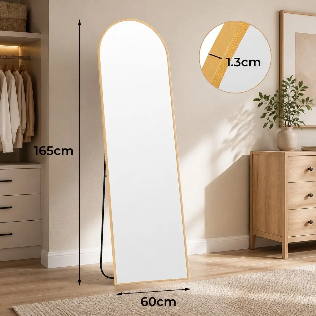 Full Length Mirror Arched Gold Frame Tempered Glass 165cm x 60cm Wall Mounted or Freestanding for Bedroom Dressing Room