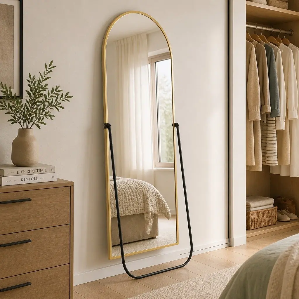 Full Length Mirror Arched Gold Frame Tempered Glass 165cm x 60cm Wall Mounted or Freestanding for Bedroom Dressing Room