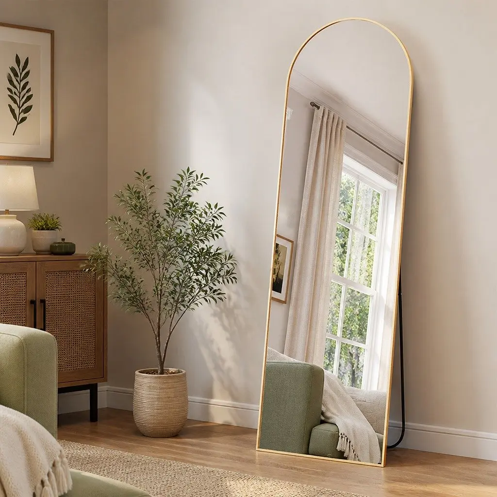 Full Length Mirror Arched Gold Frame Tempered Glass 165cm x 60cm Wall Mounted or Freestanding for Bedroom Dressing Room