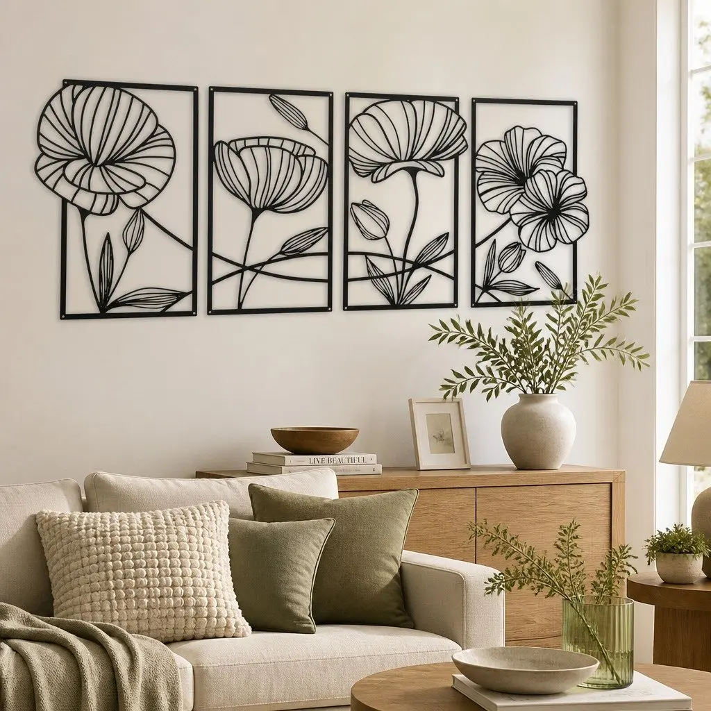 Metal Wall Art 4 Pieces Floral Minimalist Line Decor Home Living Room Bedroom