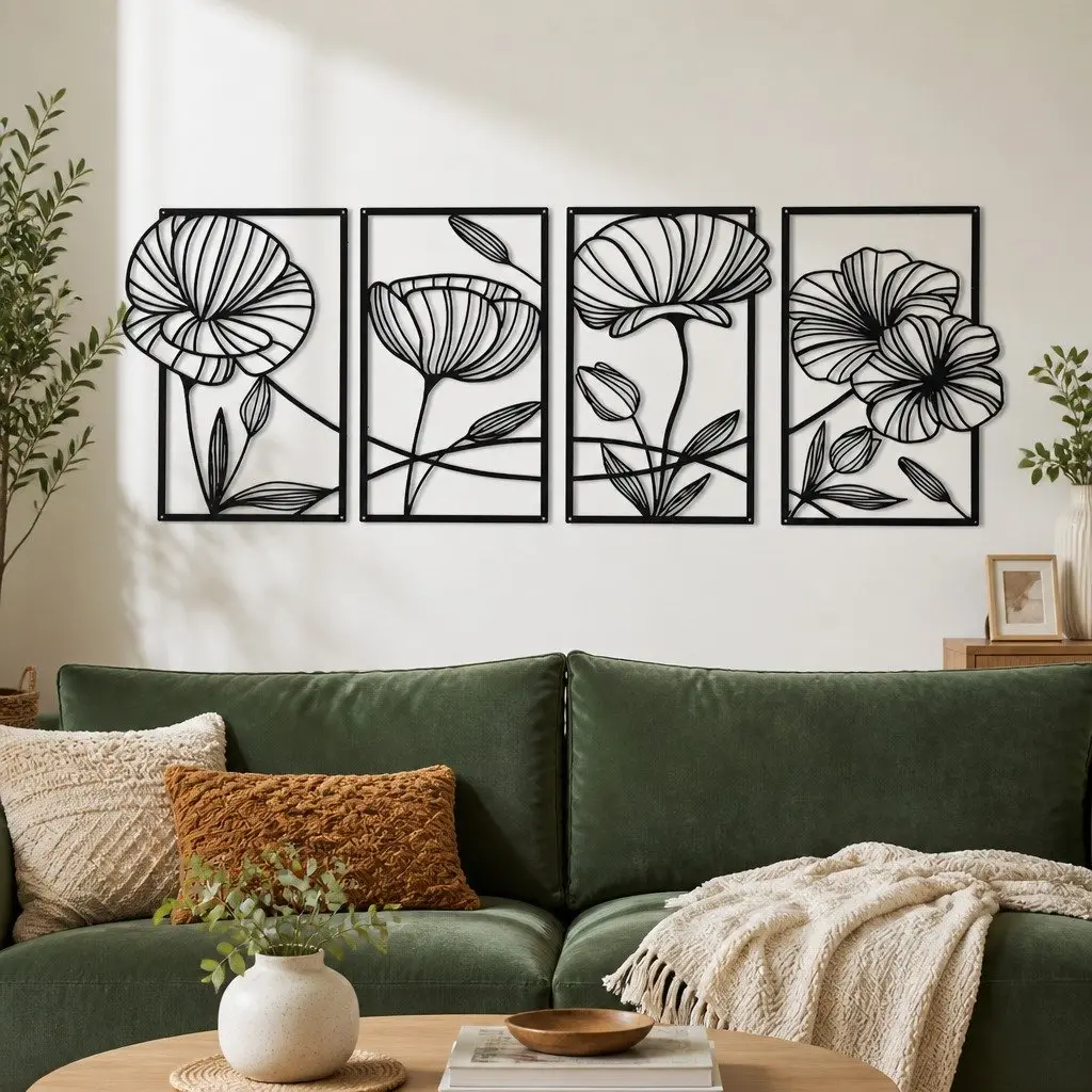 Metal Wall Art 4 Pieces Floral Minimalist Line Decor Home Living Room Bedroom